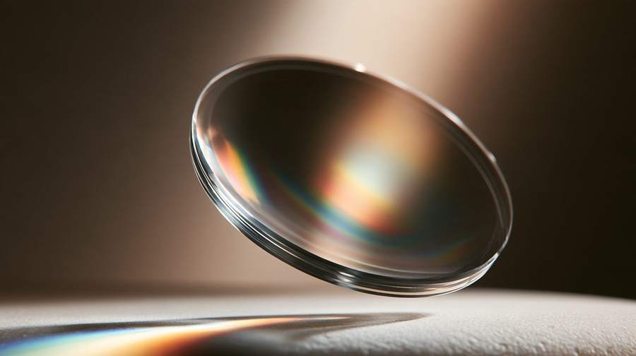 Klares Brillenglas bricht das Licht in feine Farben