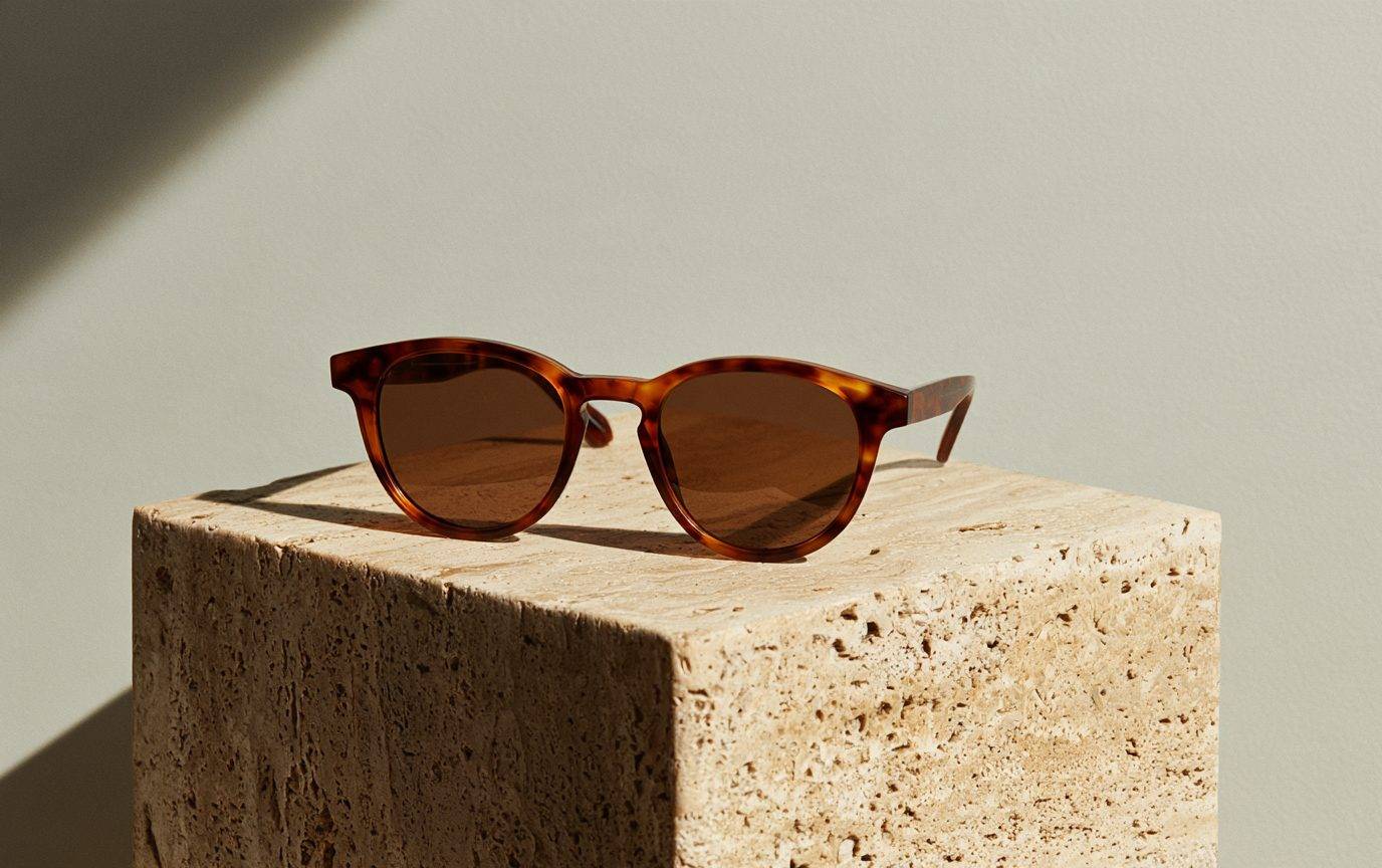 Schildpatt-Sonnenbrille auf einem Travertin-Sockel im Morgenlicht