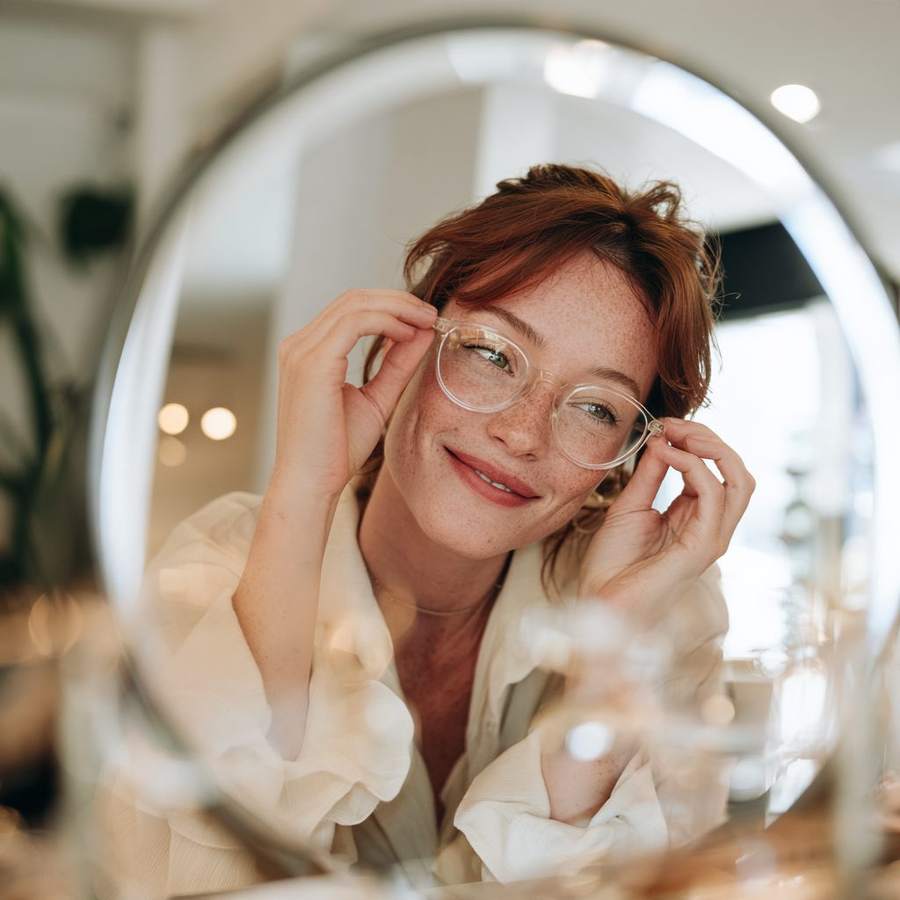 Junge Frau probiert eine transparente Brille vor dem Spiegel